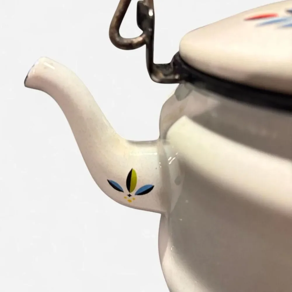 Vintage Retro White enamel tea kettle with fruit basket